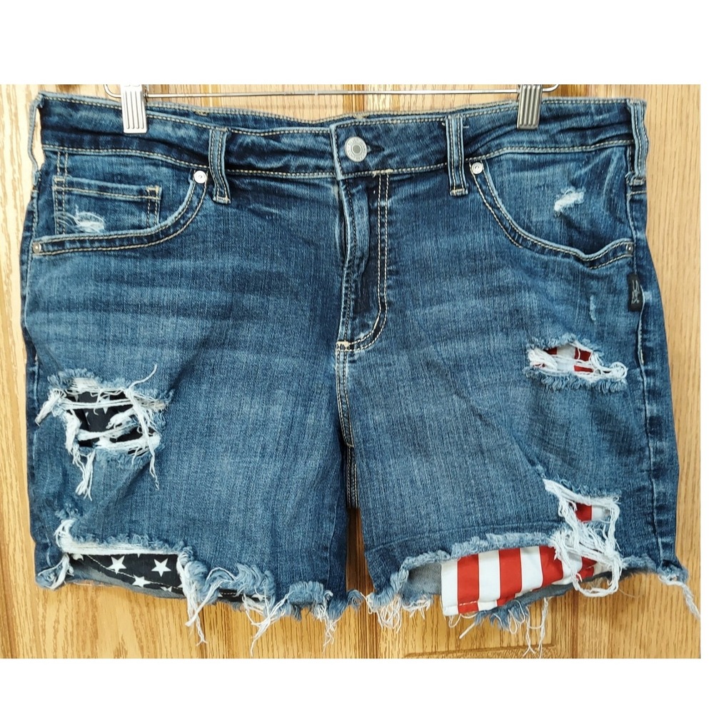 Silver Jeans Co Americana Boyfriend Shorts 16W Distressed Stars Stripes 36W